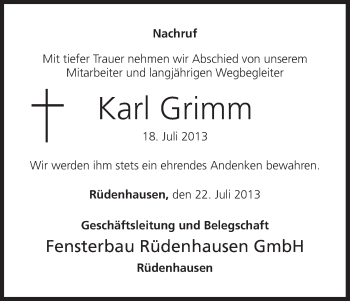 Anzeige von Karl Grimm von MGO