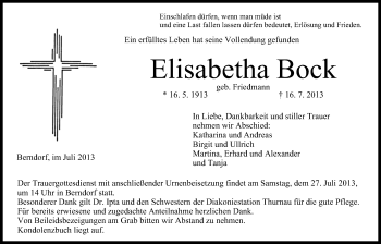 Anzeige von Elisabetha Bock von MGO