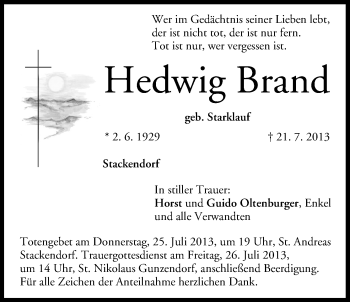 Anzeige von Hedwig Brand von MGO