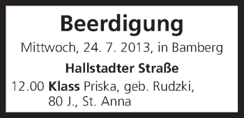 Anzeige von Beerdigung vom 24.07.2013 von MGO