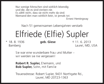 Anzeige von Elfriede Supler von MGO