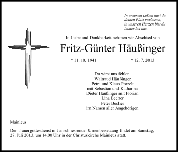 Anzeige von Fritz-Günter Häußinger von MGO