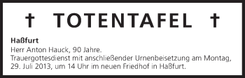 Anzeige von Totentafel vom 26.07.2013 von MGO