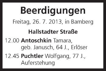 Anzeige von Beerdigungen vom 26.07.2013 von MGO