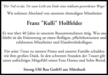 Anzeige von Franz Xaver Hollfelder von MGO