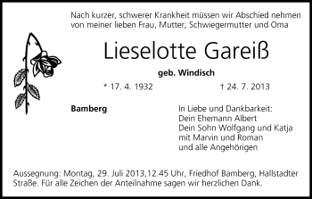 Anzeige von Lieselotte Gareiß von MGO
