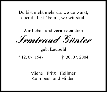 Anzeige von Irmtraud Günter von MGO