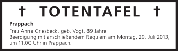 Anzeige von Totentafel vom 27.07.2013 von MGO