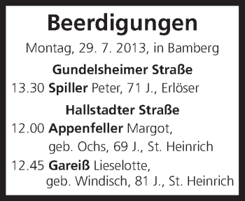 Anzeige von Beerdigungen vom 29.07.2013 von MGO