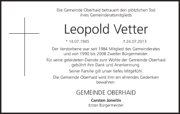 Anzeige von Leopold Vetter von MGO