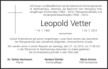 Anzeige von Leopold Vetter von MGO