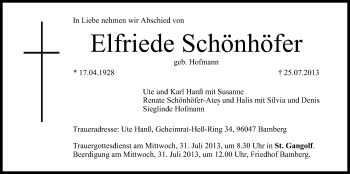 Anzeige von Elfriede Schönhöfer von MGO