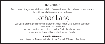Anzeige von Lothar Lang von MGO