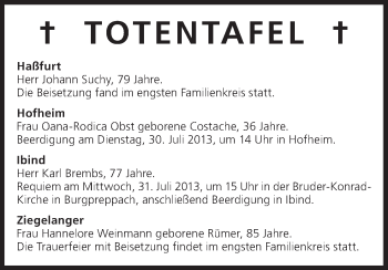 Anzeige von Totentafel vom 30.07.2013 von MGO