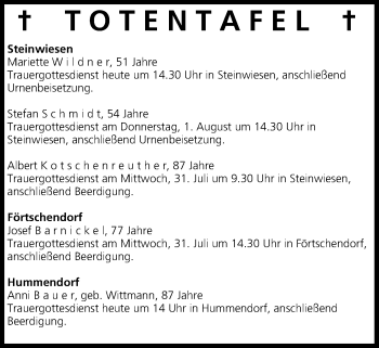 Anzeige von Totentafel vom 30.07.2013 von MGO