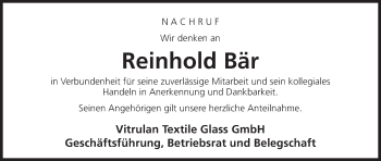 Anzeige von Reinhold Bär von MGO