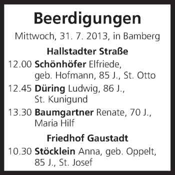 Anzeige von Beerdigungen vom 31.07.2013 von MGO