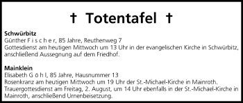Anzeige von Totentafel vom 31.07.2013 von MGO