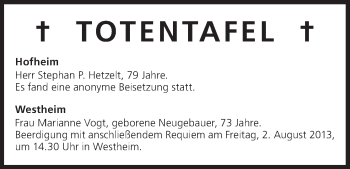 Anzeige von Totentafel vom 01.08.2013 von MGO