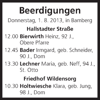 Anzeige von Beerdigungen vom 01.08.2013 von MGO