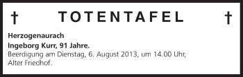 Anzeige von Totentafel vom 02.08.2013 von MGO