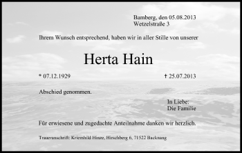 Anzeige von Herta Hain von MGO