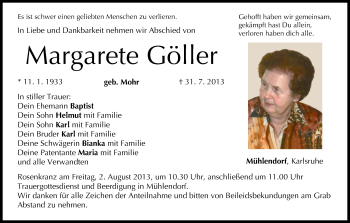 Anzeige von Margarete Göller von MGO