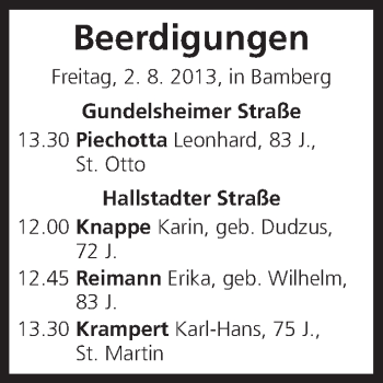 Anzeige von Beerdigungen vom 02.08.2013 von MGO