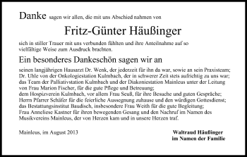 Anzeige von Fritz-Günter Häußinger von MGO
