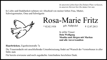 Anzeige von Rosa-Marie Fritz von MGO