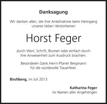 Anzeige von Horst Feger von MGO