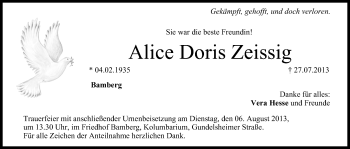 Anzeige von Alice Doris Zeissig von MGO