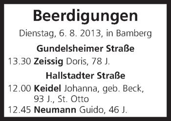 Anzeige von Beerdigungen vom 06.08.2013 von MGO