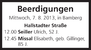 Anzeige von Beerdigungen vom 07.08.2013 von MGO
