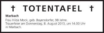 Anzeige von Totentafel vom 07.08.2013 von MGO