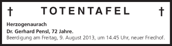 Anzeige von Totentafel vom 08.08.2013 von MGO