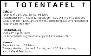 Anzeige von Totentafel vom 08.08.2013 von MGO