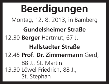 Anzeige von Beerdigungen vom 12.08.2013 von MGO