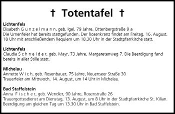 Anzeige von Totentafel vom 13.08.2013 von MGO