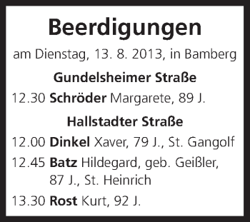 Anzeige von Beerdigungen vom 13.08.2013 von MGO