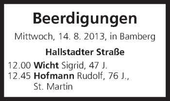 Anzeige von Beerdigungen vom 14.08.2013 von MGO