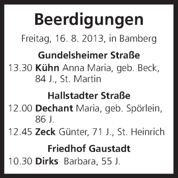 Anzeige von Beerdigungen vom 16.08.2013 von MGO