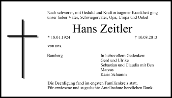 Anzeige von Hans Zeitler von MGO