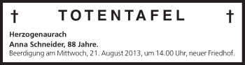 Anzeige von Totentafel vom 19.08.2013 von MGO