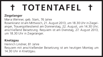 Anzeige von Totentafel vom 19.08.2013 von MGO