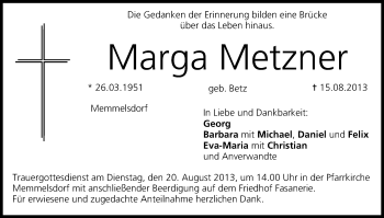 Anzeige von Marga Metzner von MGO