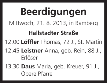 Anzeige von Beerdigungen vom 21.08.2013 von MGO