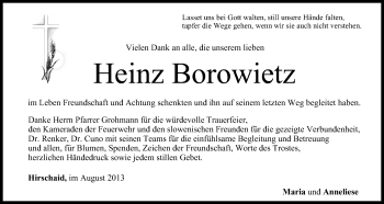 Anzeige von Heinz Borowietz von MGO