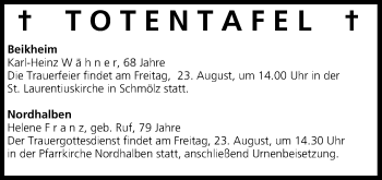 Anzeige von Totentafel vom 22.08.2013 von MGO