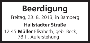 Anzeige von Beerdigung vom 23.08.2013 von MGO